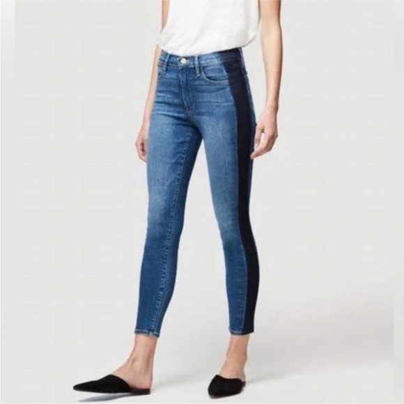 Frame Denim Le High Skinny Crop Two-Tone Side Panel Kenya Blue Ankle Jeans - Picture 1 of 5